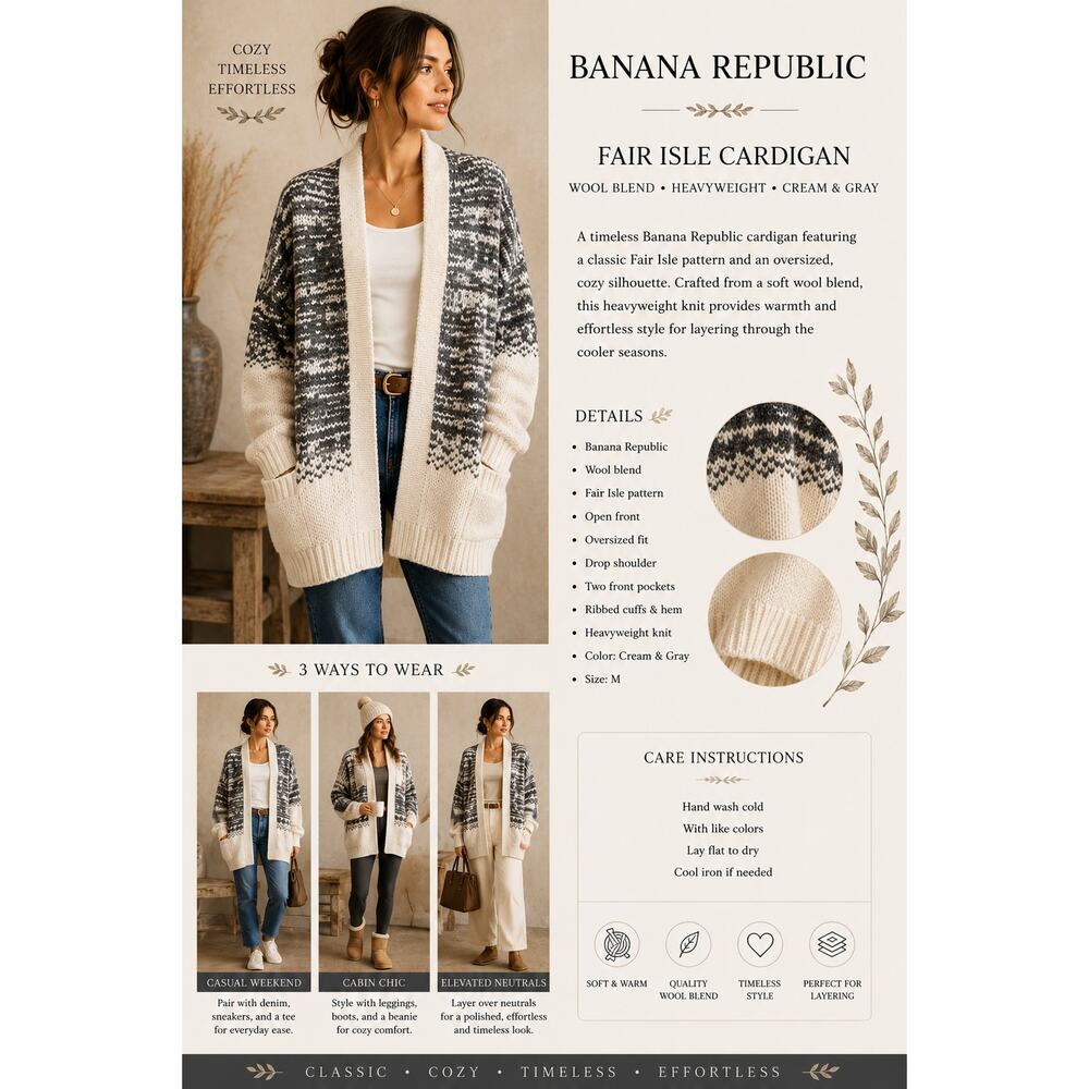 Banana Republic Cardigan Wool Blend Fare Isle Heavyweight SZM Cream